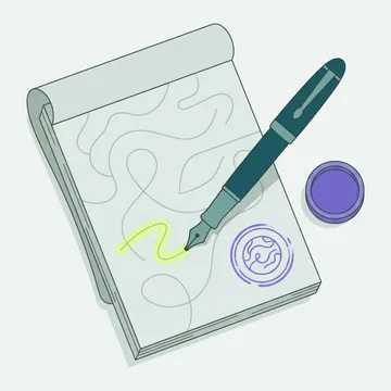 Un bloc de devis, un stylo plume et un tampon violet