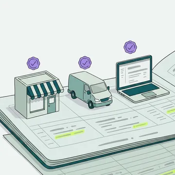 Une boutique, une camionnette et un ordinateur posés sur un registre, chacun coché