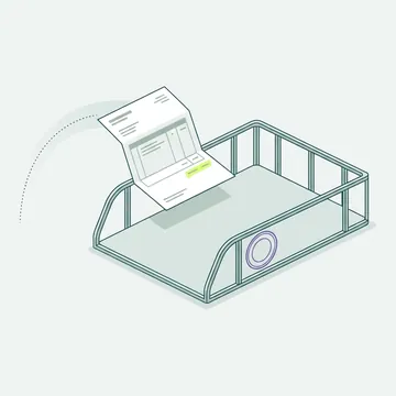 Une corbeille à courrier reçoit une facture le long d’un arc pointillé