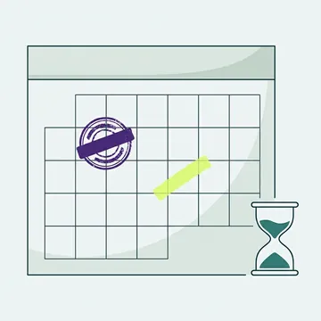 Page de calendrier frappée d’un tampon violet, un sablier à côté
